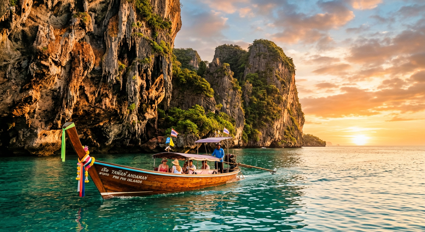 Longtail boat on turquoise water beside limestone cliffs in Thailand