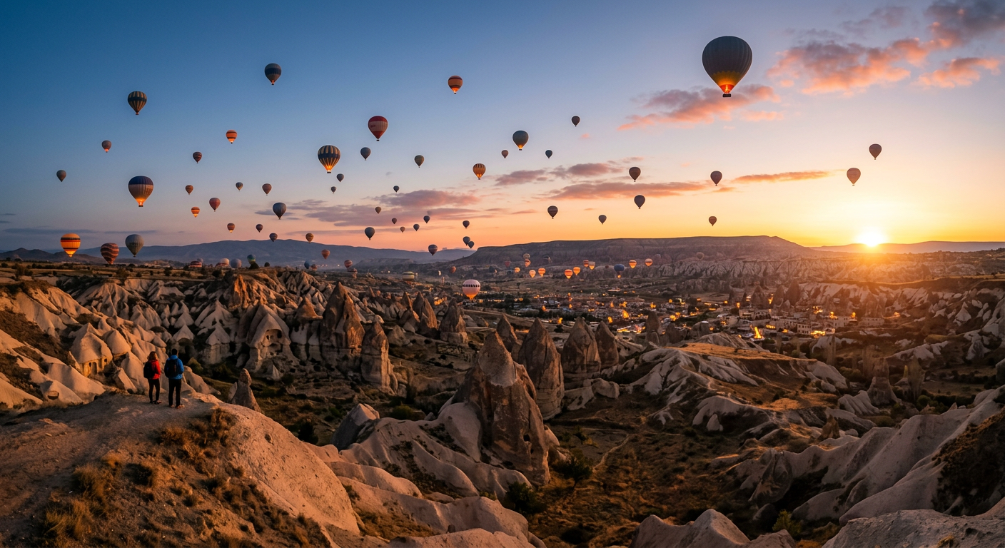 Hot air balloons over the valleys of Cappadocia, Turkey at sunrise